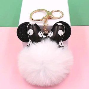 Sparkly Minnie Mouse Ears Pom Pom Bag Charm Keychain Purse White GIFT